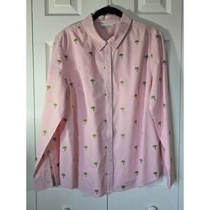 Lemon Way Womens Large Pink White Striped Palm Tree Embroidered Button Up Shirt